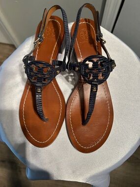 Tory Burch Navy and Tan Miller Thong Sandals